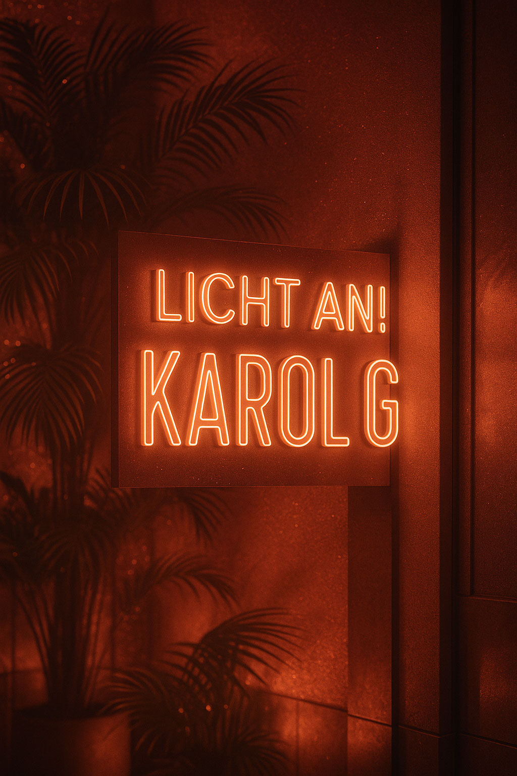 Ein leuchtendes Neon-Schild mit der Aufschrift „LICHT AN! KAROL G“ in warmem Kupfer-Orange hängt vor einer Wand mit tropischen Palmen im Hintergrund. Das Licht wirft weiche Reflexe auf die Umgebung und erzeugt eine stimmungsvolle, glamourös-lateinamerikanisch inspirierte Atmosphäre.