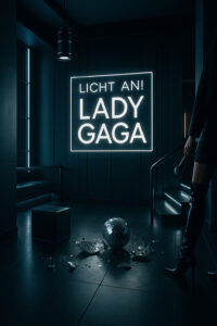 Zerbrochene Discokugel auf dunklem Boden vor LED-Schriftzug „LICHT AN! LADY GAGA“; Frau in Overknees hält Mikrofon.