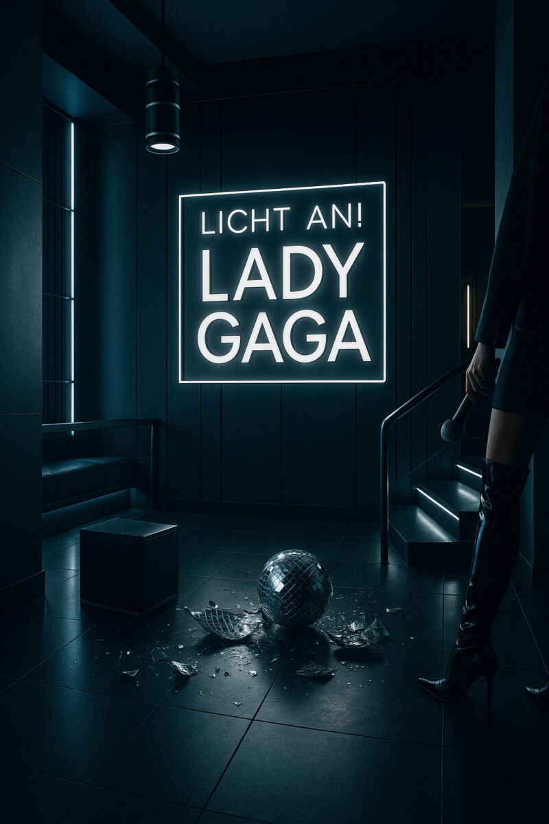 Zerbrochene Discokugel auf dunklem Boden vor LED-Schriftzug „LICHT AN! LADY GAGA“; Frau in Overknees hält Mikrofon.