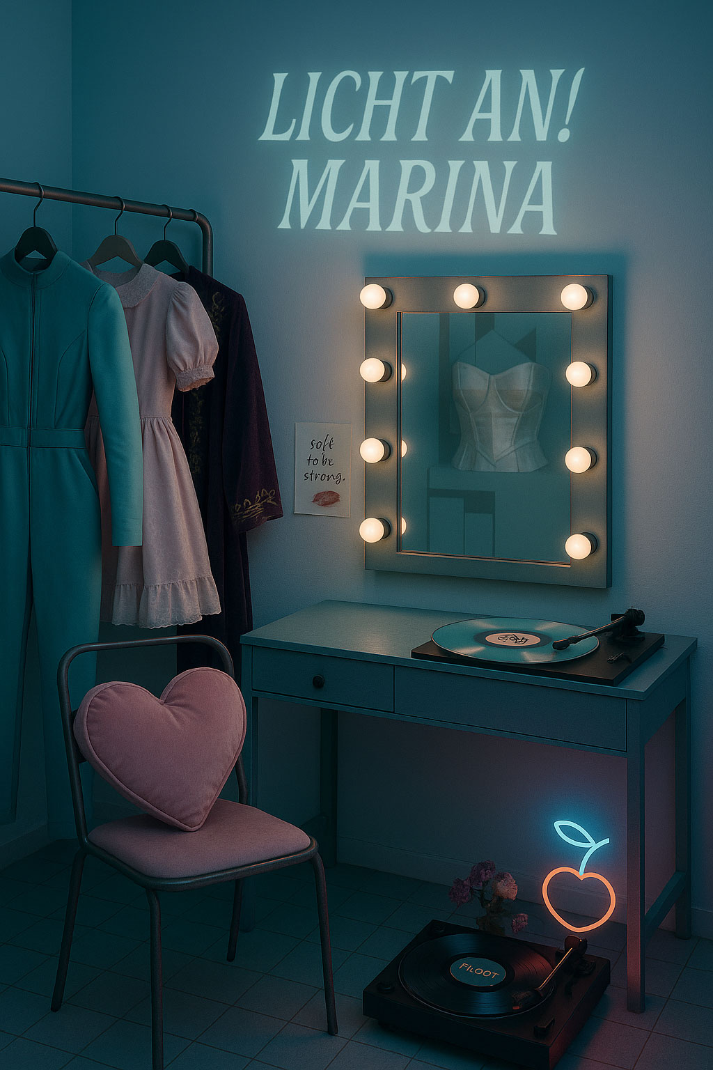 Stimmungsvolles Zimmer mit Schminktisch, Plattenspieler, Kleidung und Herz-Kissen – Projektion „LICHT AN! MARINA“ an der Wand.