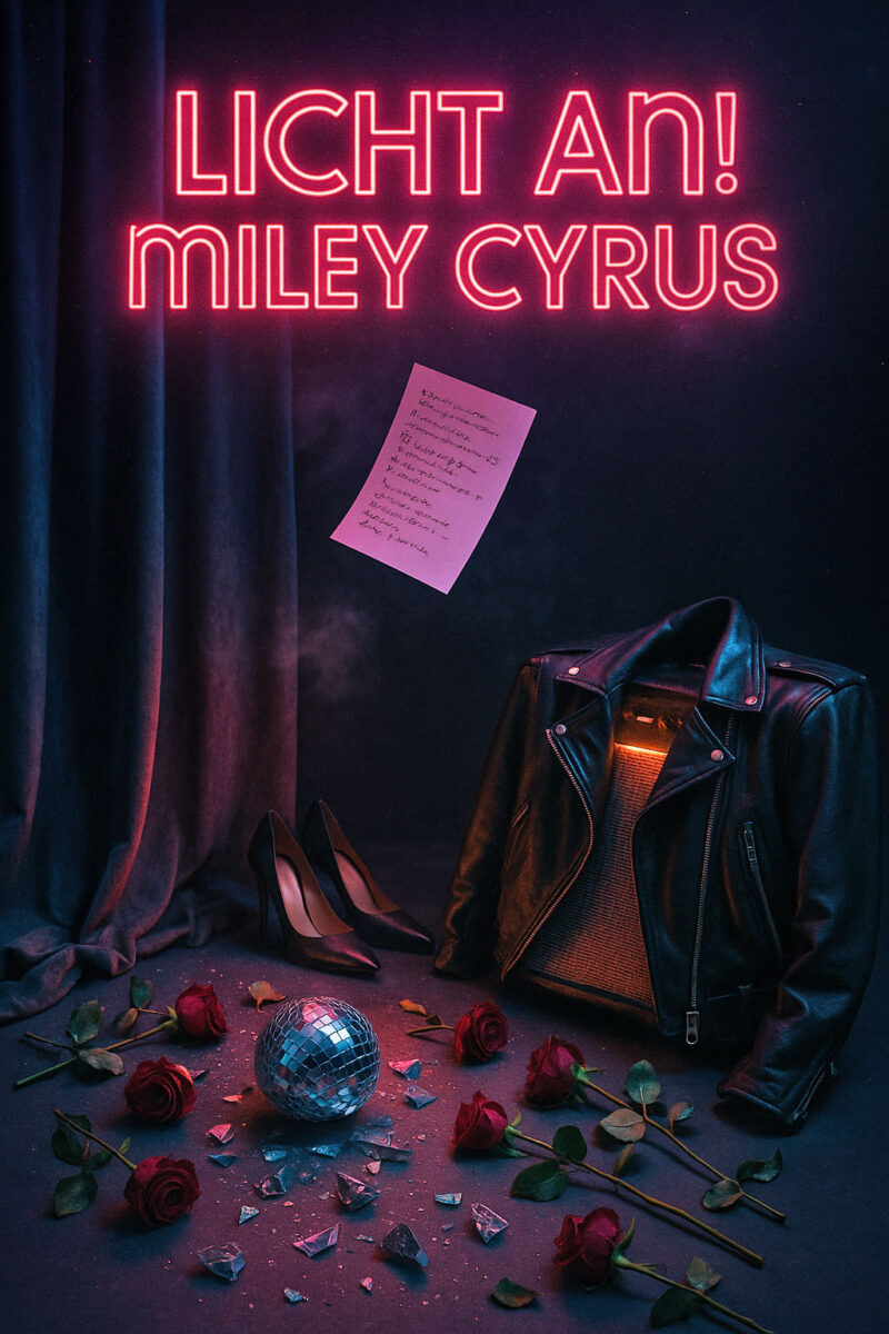 Inszenierte Szene im Neonlicht: Eine leuchtend pinke Aufschrift „LICHT AN! MILEY CYRUS“ schwebt über einem dunklen Bühnenhintergrund mit violettem Samtvorhang. Darunter liegen verstreute Rosen und Glassplitter rund um eine kleine Discokugel. Ein Lederjacken-Outfit mit glühendem Innenleben hängt leer im Raum, daneben ein Paar elegante schwarze High Heels. Eine handgeschriebene Notiz schwebt poetisch im Nebel – ein visuelles Manifest zwischen Glamour, Zerbrechlichkeit und Selbstinszenierung.