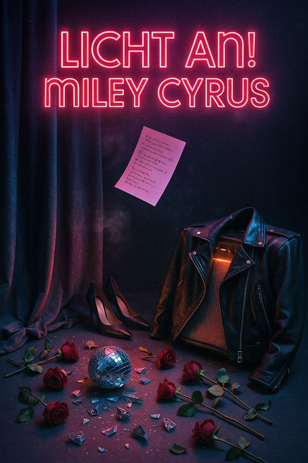 Inszenierte Szene im Neonlicht: Eine leuchtend pinke Aufschrift „LICHT AN! MILEY CYRUS“ schwebt über einem dunklen Bühnenhintergrund mit violettem Samtvorhang. Darunter liegen verstreute Rosen und Glassplitter rund um eine kleine Discokugel. Ein Lederjacken-Outfit mit glühendem Innenleben hängt leer im Raum, daneben ein Paar elegante schwarze High Heels. Eine handgeschriebene Notiz schwebt poetisch im Nebel – ein visuelles Manifest zwischen Glamour, Zerbrechlichkeit und Selbstinszenierung.