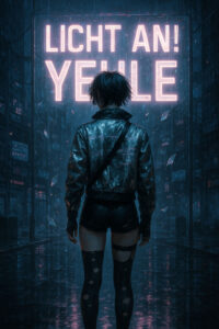 Eine junge androgyne Figur steht nachts mit dem Rücken zur Kamera in einer verregneten, neonbeleuchteten Cyberpunk-Stadt. Sie trägt zerschlissene Strümpfe, eine kurze Hose und eine silbrig flimmernde Jacke mit glitchartigen Texturen. Vor ihr leuchtet der typografisch markante Schriftzug „LICHT AN! YEULE“ in hellem Neonweiß mit rosa-lilanem Schimmer auf einer transparenten Glasscheibe. Die Umgebung ist geprägt von flackernden Screens, reflektierenden Pfützen und schwebenden Glassplittern in der Luft – als würde die Zeit selbst in Fragmenten zerfallen. Farbstimmung: Tintenschwarz, Mitternachtsblau, Neonpink und Puderrosa.