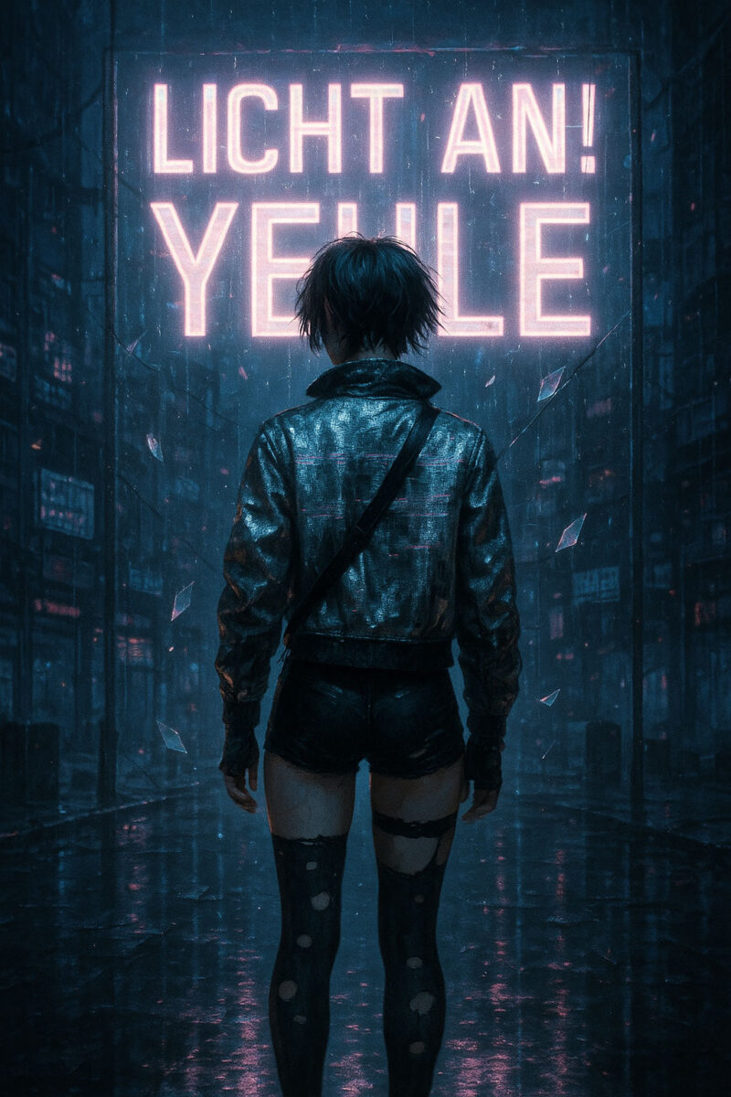 Eine junge androgyne Figur steht nachts mit dem Rücken zur Kamera in einer verregneten, neonbeleuchteten Cyberpunk-Stadt. Sie trägt zerschlissene Strümpfe, eine kurze Hose und eine silbrig flimmernde Jacke mit glitchartigen Texturen. Vor ihr leuchtet der typografisch markante Schriftzug „LICHT AN! YEULE“ in hellem Neonweiß mit rosa-lilanem Schimmer auf einer transparenten Glasscheibe. Die Umgebung ist geprägt von flackernden Screens, reflektierenden Pfützen und schwebenden Glassplittern in der Luft – als würde die Zeit selbst in Fragmenten zerfallen. Farbstimmung: Tintenschwarz, Mitternachtsblau, Neonpink und Puderrosa.