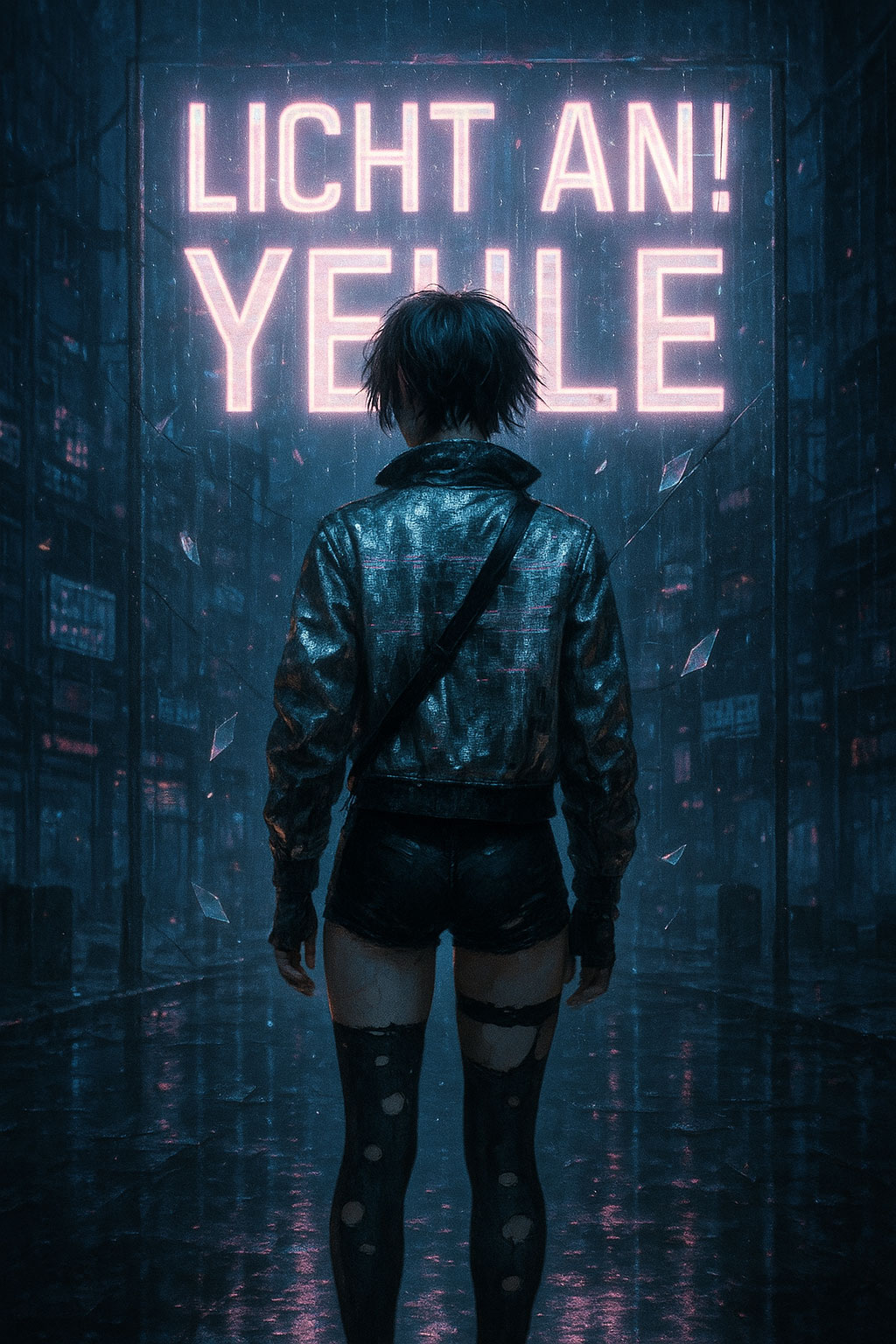 Eine junge androgyne Figur steht nachts mit dem Rücken zur Kamera in einer verregneten, neonbeleuchteten Cyberpunk-Stadt. Sie trägt zerschlissene Strümpfe, eine kurze Hose und eine silbrig flimmernde Jacke mit glitchartigen Texturen. Vor ihr leuchtet der typografisch markante Schriftzug „LICHT AN! YEULE“ in hellem Neonweiß mit rosa-lilanem Schimmer auf einer transparenten Glasscheibe. Die Umgebung ist geprägt von flackernden Screens, reflektierenden Pfützen und schwebenden Glassplittern in der Luft – als würde die Zeit selbst in Fragmenten zerfallen. Farbstimmung: Tintenschwarz, Mitternachtsblau, Neonpink und Puderrosa.