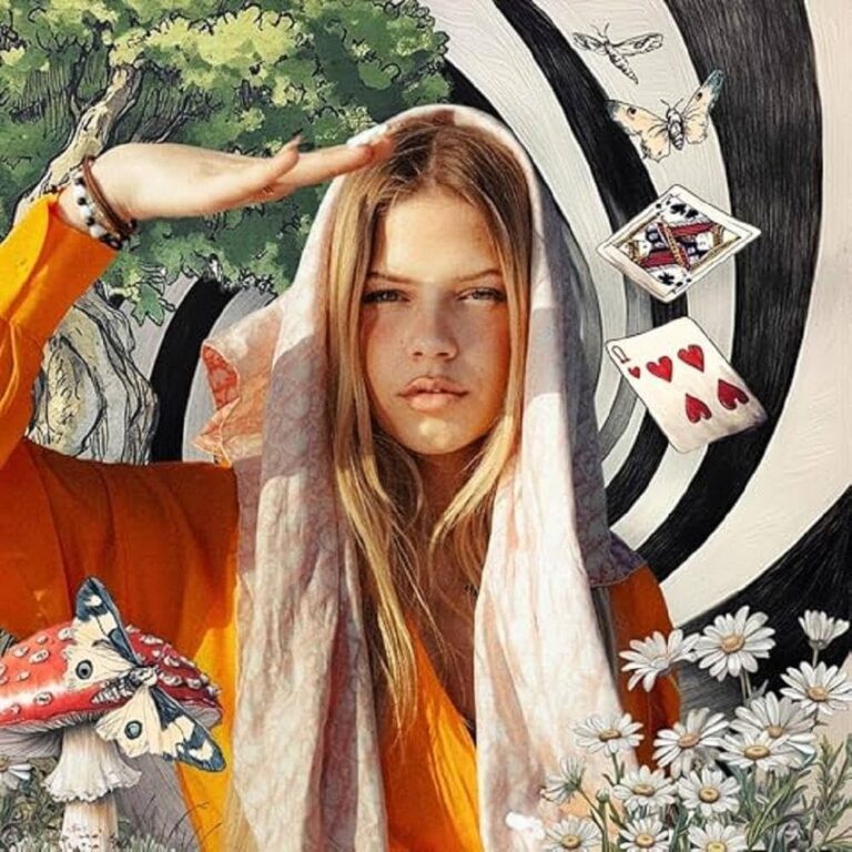 Das Albumcover zeigt Ellice mit ernstem Blick vor einem surrealen Strudel aus Bäumen, Spielkarten und Blumen – wie aus einem Märchentraum entsprungen.