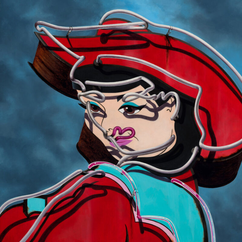 Albumcover „Neon Cowgirl“ von Tami Neilson mit stilisierter Frau im roten Cowboy-Outfit vor dunklem Himmel.