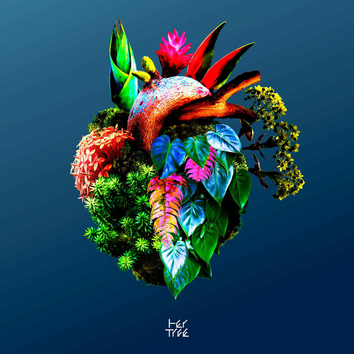 Buntes organisches Albumcover von her trees Shape Shift, eine Komposition aus Dschungelpflanzen und Naturtexturen vor dunkelblauem Hintergrund.