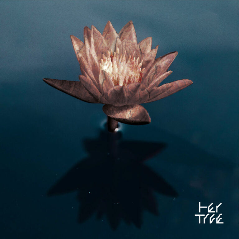 Cover des Albums Don’t Try, Be Beautiful von her tree mit Seerose auf dunklem Wasser, grafisches Logo unten rechts