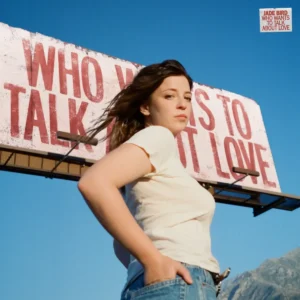 Jade Bird steht vor einem verblassten Billboard mit der Aufschrift „Who Wants to Talk About Love“, der Himmel ist wolkenlos blau, ihr Blick ernst und selbstbewusst.