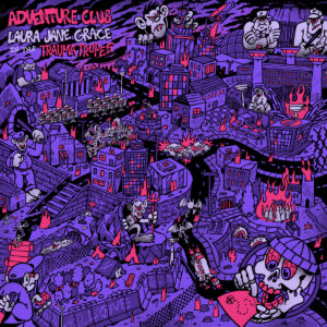 Comic-artiges Albumcover von „Adventure Club“ mit brennender Stadt, Skelett, Clowns und Monsterfiguren in Lila, Pink und Schwarz.