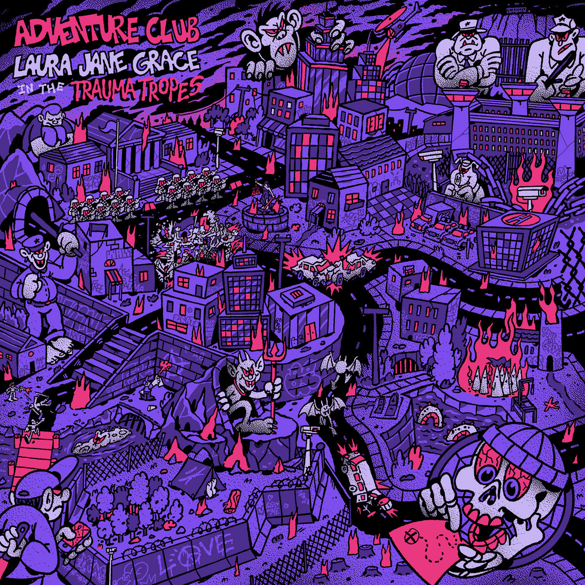 Comic-artiges Albumcover von „Adventure Club“ mit brennender Stadt, Skelett, Clowns und Monsterfiguren in Lila, Pink und Schwarz.