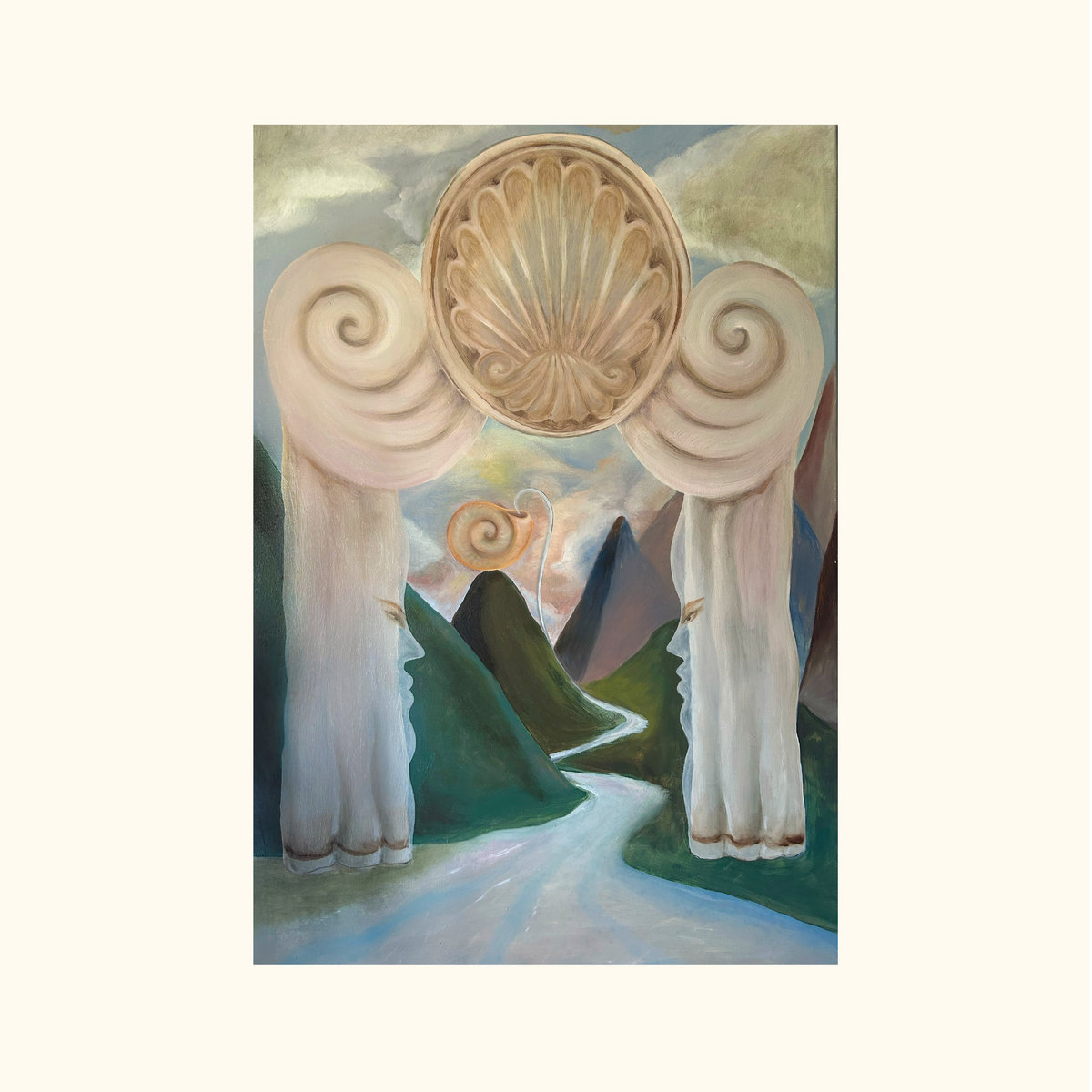 Gemälde mit klassischem Torbogen und Gebirgslandschaft, symbolisiert das spirituelle Tor des Albums Hiraeth von Sofie Birch & Antonina Nowacka.