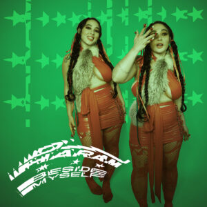 DJ Haram im roten Outfit vor grünem Hintergrund mit verspielter Doppelbelichtung – Cover ihres Albums „Beside Myself“.