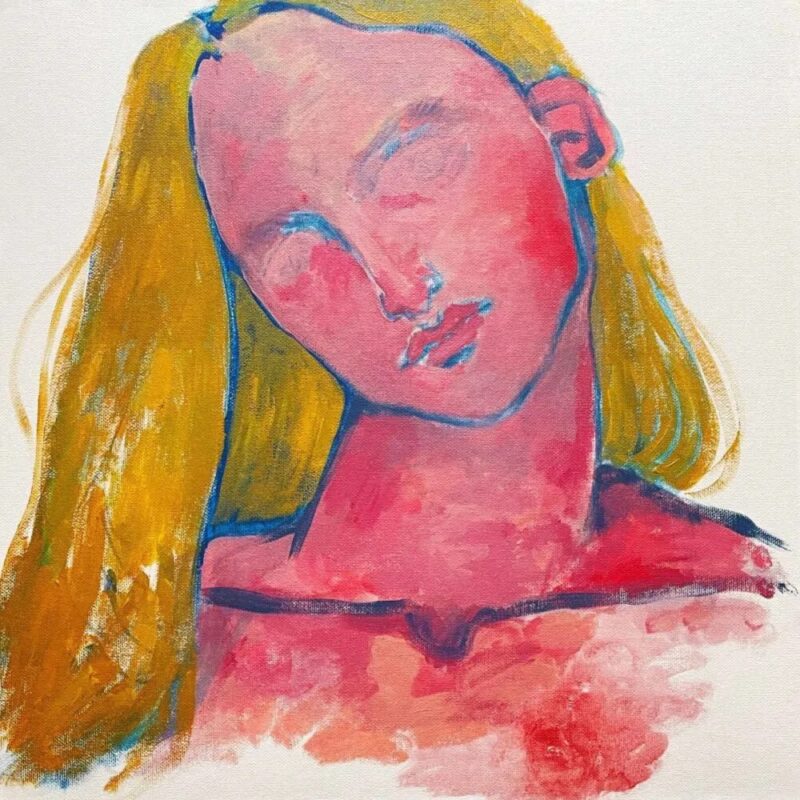 Malerische Illustration eines fraulichen Gesichts in Rottönen mit gelbem Haar – Albumcover von Billie Martens „Dog Eared“