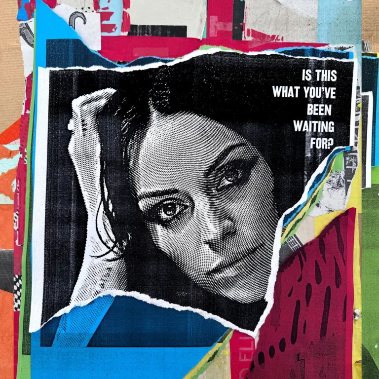 Collage-artiges Albumcover von Amy Macdonalds sechstem Studioalbum mit dem Titel „Is This What You’ve Been Waiting For?“ in schwarz-weiß und buntem Hintergrund