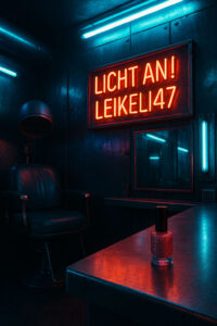 Neonrot beleuchteter Raum mit Vintage-Friseurstuhl und metallischen Wänden. An der Wand ein Leuchtschild mit dem Schriftzug „LICHT AN! LEIKELI47“, auf dem Tisch ein glitzernder Nagellackflakon. Kalter Glanz trifft Underground-Aura.