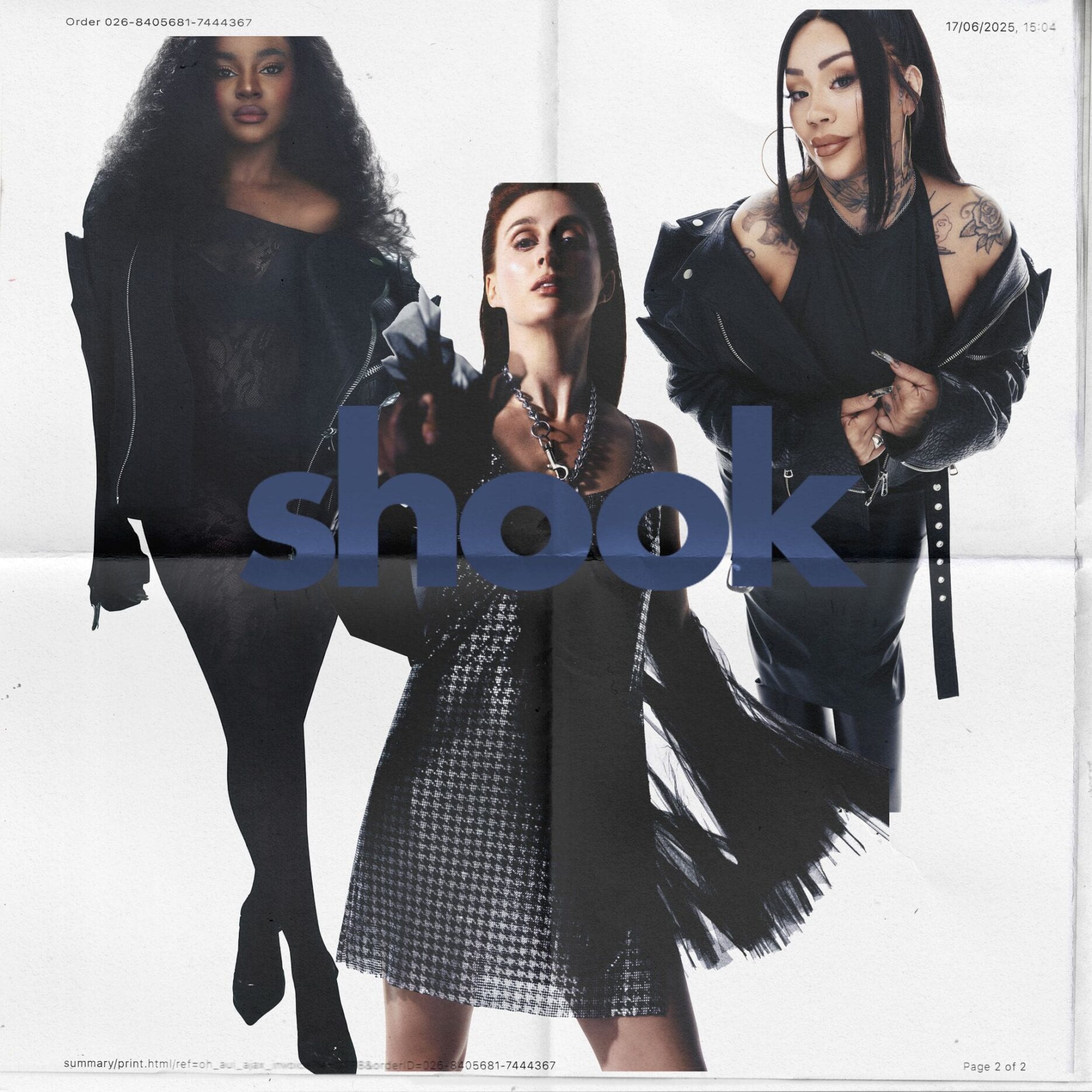 Collagenartiges Cover zur Sugababes-Single „Shook“ mit drei selbstbewusst posierenden Frauen in dunkler Clubmode