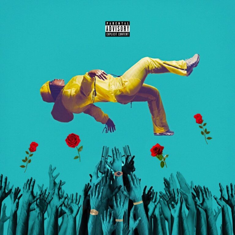 Albumcover von „Before I Wake“ – Kamaiyah in gelbem Outfit schwebt über ausgestreckten Händen vor türkisfarbenem Hintergrund, umgeben von roten Rosen.