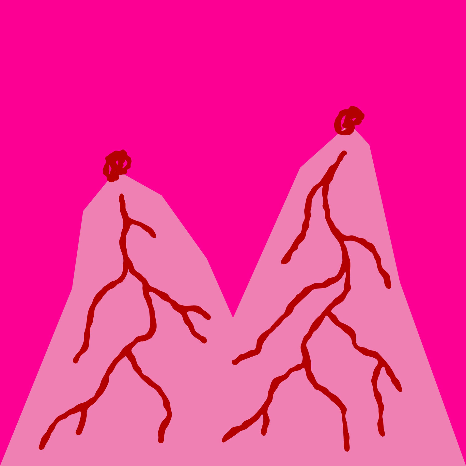 Zwei rosafarbene Vulkane auf pinkem Hintergrund mit roten Lavaströmen – ein abstrahiertes Cover von OUR SHAMEs Album „Hidden Album“, gestaltet von Blob Club.