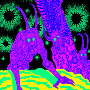 Neonpinke, insektoide Kreaturen mit leuchtend grünen Augen vor psychedelischem Hintergrund in Schwarz, Gelb und Grün.