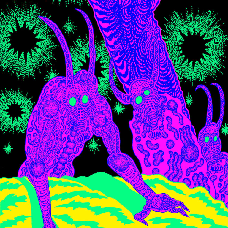 Neonpinke, insektoide Kreaturen mit leuchtend grünen Augen vor psychedelischem Hintergrund in Schwarz, Gelb und Grün.
