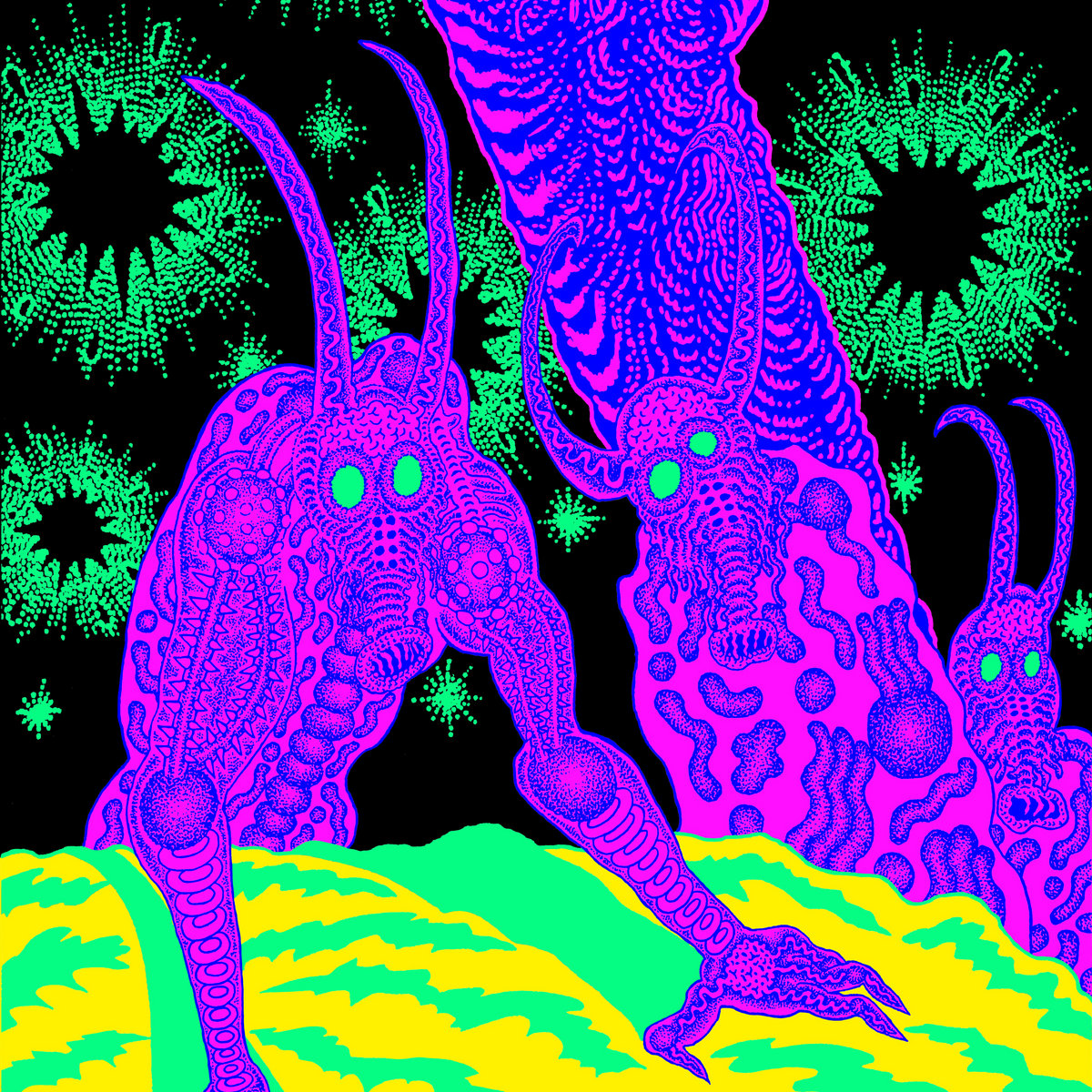 Neonpinke, insektoide Kreaturen mit leuchtend grünen Augen vor psychedelischem Hintergrund in Schwarz, Gelb und Grün.