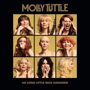 Albumcover von Molly Tuttle „So Long Little Miss Sunshine“ mit neun Porträts der Künstlerin in unterschiedlichen Frisuren auf goldgelbem Grund.