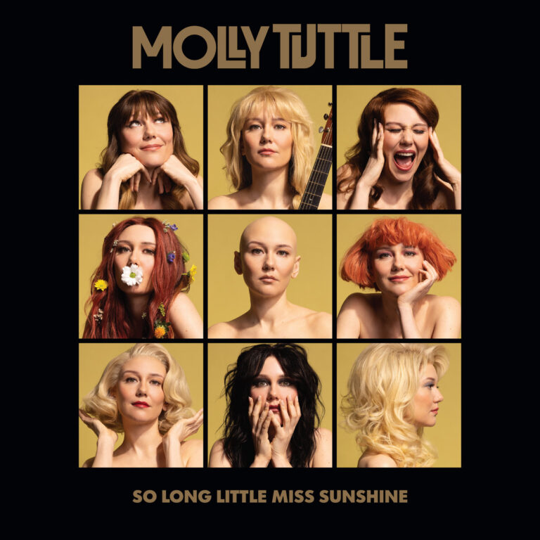 Albumcover von Molly Tuttle „So Long Little Miss Sunshine“ mit neun Porträts der Künstlerin in unterschiedlichen Frisuren auf goldgelbem Grund.