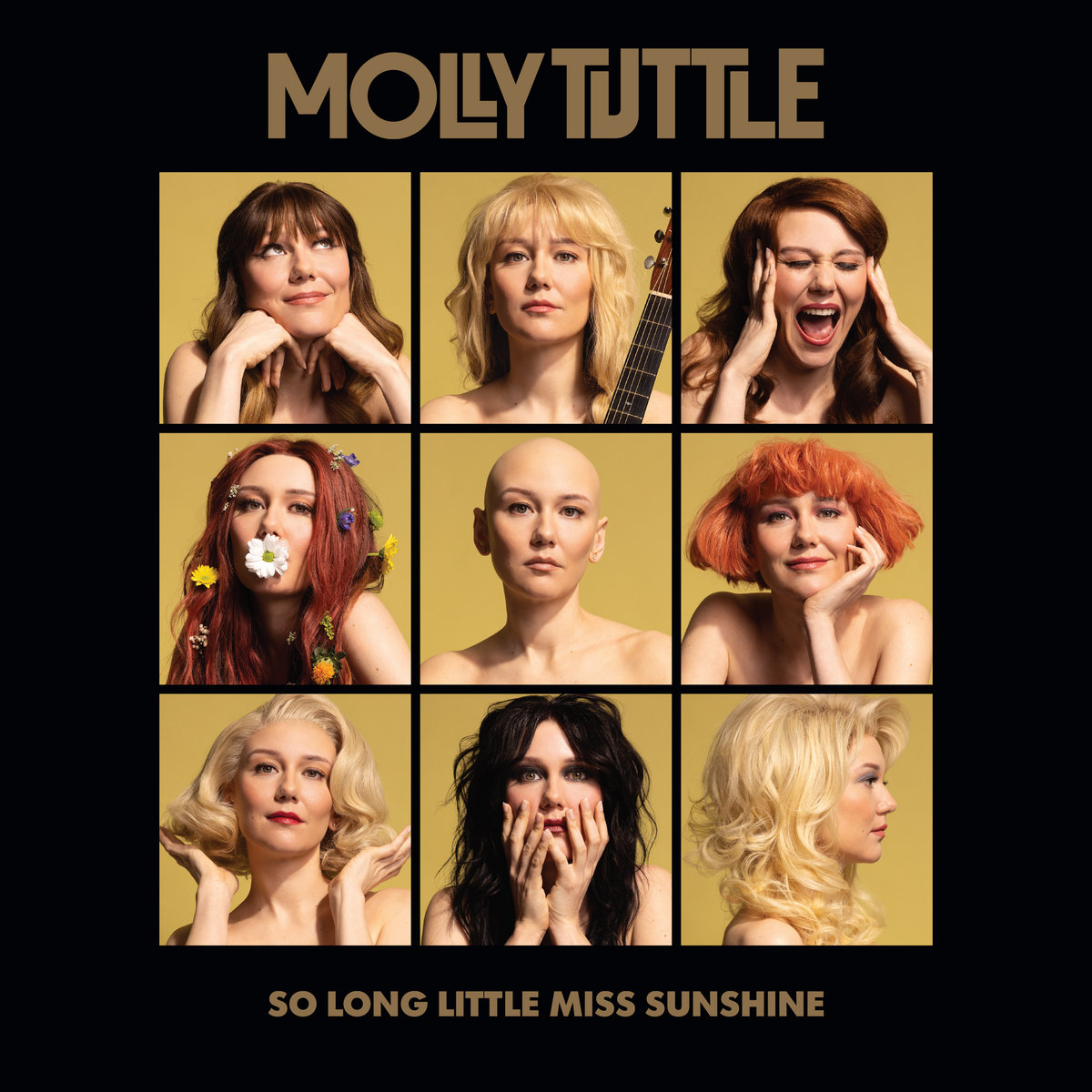 Albumcover von Molly Tuttle „So Long Little Miss Sunshine“ mit neun Porträts der Künstlerin in unterschiedlichen Frisuren auf goldgelbem Grund.
