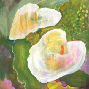 Gemaltes Albumcover mit zwei abstrahierten weißen Calla-Blüten auf grün-gelbem Hintergrund.