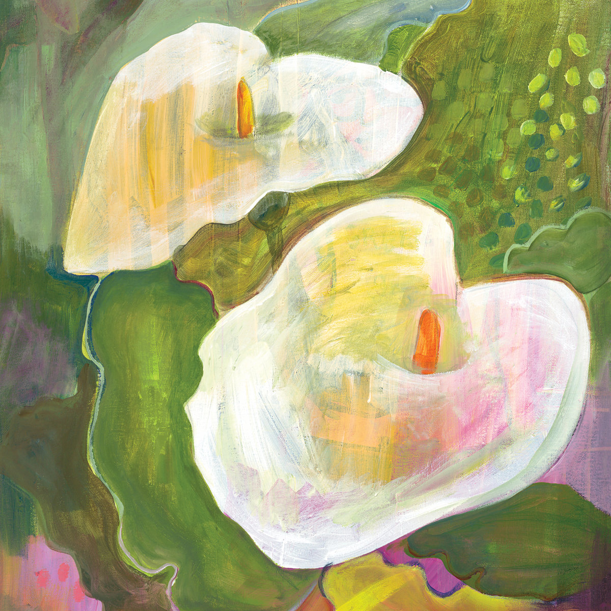 Gemaltes Albumcover mit zwei abstrahierten weißen Calla-Blüten auf grün-gelbem Hintergrund.