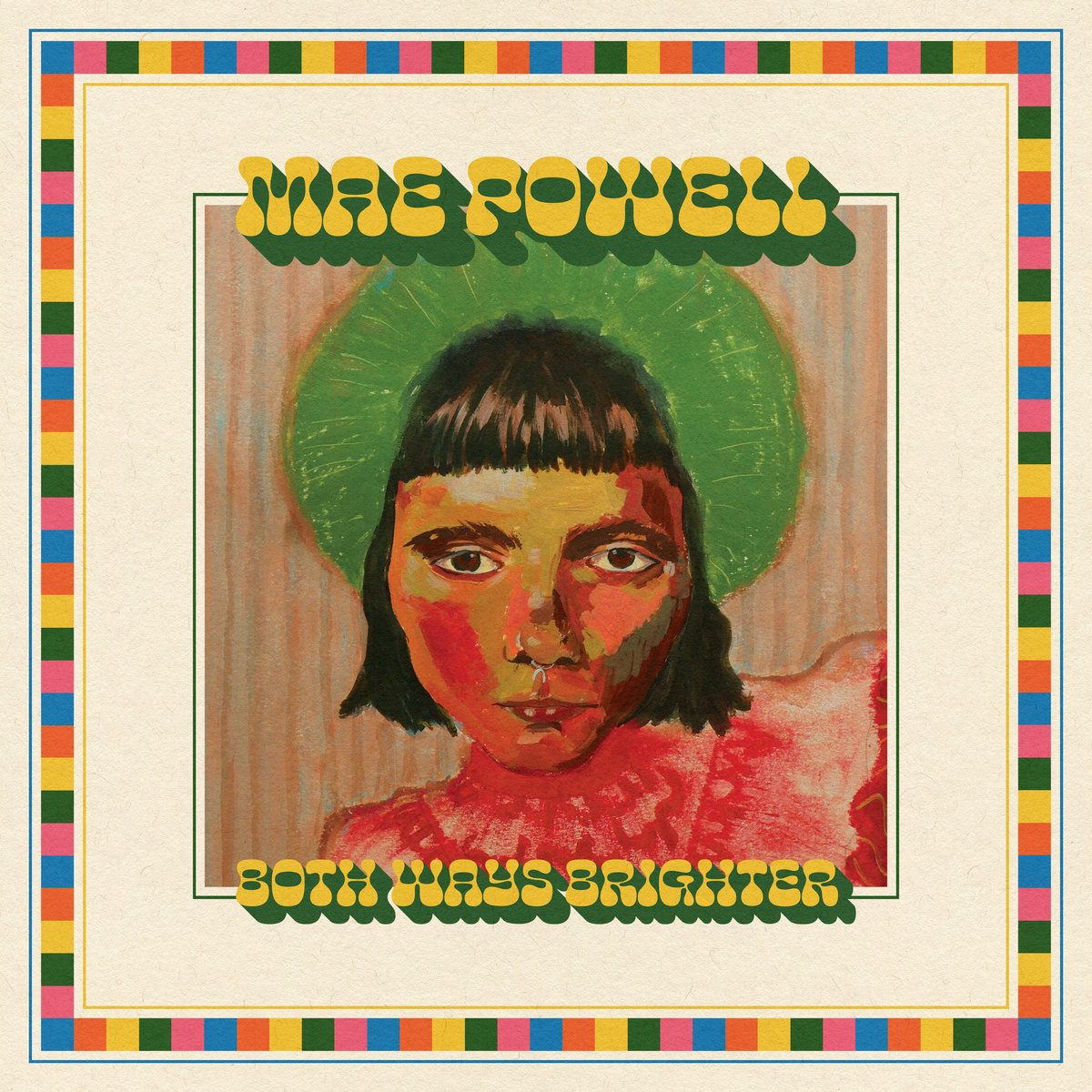 Gemaltes Albumcover von Mae Powell „Both Ways Brighter“ mit Porträt in Rot-Grün und psychedelischem Rahmen.
