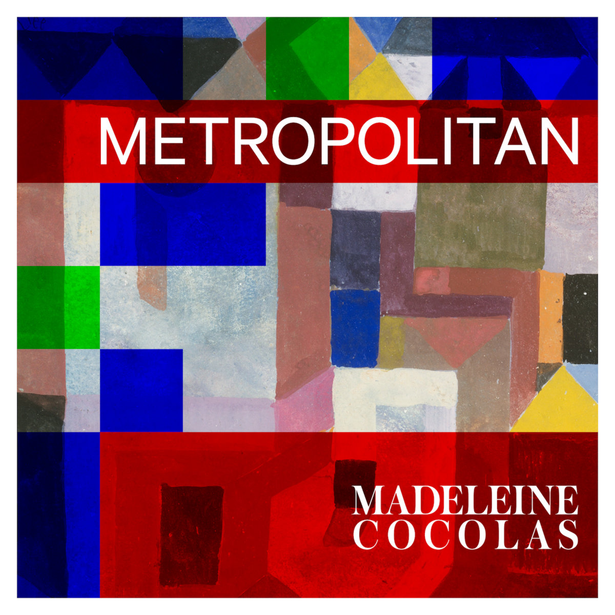 Abstraktes Albumcover von „Metropolitan“ mit geometrischen Farbflächen in Blau, Rot, Grün und Grau, rotem Balken und weißem Schriftzug.