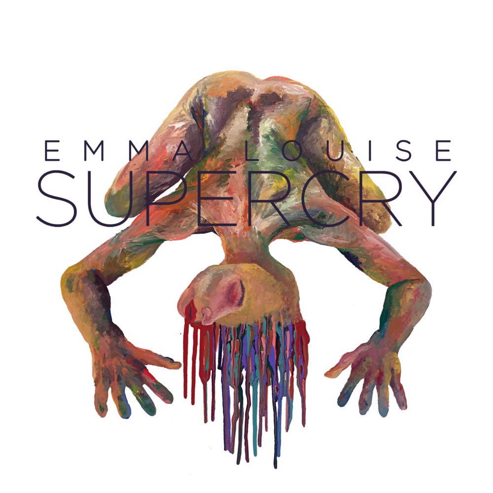 Albumcover zu Supercry von Emma Louise: gemalter, nackter Körper in Bogenhaltung, Gesicht zerfließt in farbigen Strömen auf weißem Grund.