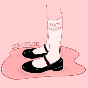 Gezeichnetes Albumcover von Party Favors mit Beinen in weißen Socken, Aufschrift „Party Favors“, schwarzen Mary-Janes und rosiger Flüssigkeit.