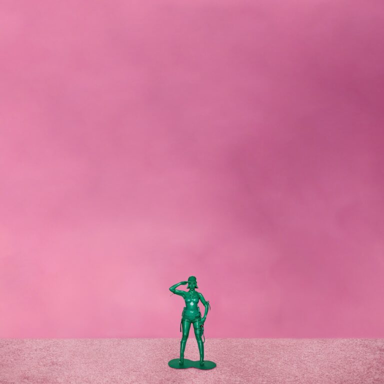 Grüne Plastik-Soldatin salutiert auf rosa Fläche, minimalistisches Covermotiv zu „Hearts Sold Separately“.