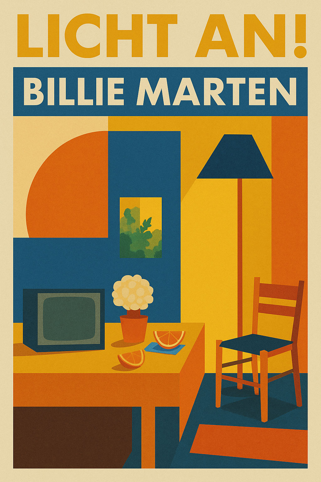 Illustratives Poster zur Playlist „LICHT AN!“ mit Billie Marten: stilisierte Zimmerkomposition aus TV, Stuhl, Tisch und Zitrusfrucht in kräftigen Farben wie Senfgelb, Petrolgrün und Kaminrot – inspiriert vom Mid-Century-Design.