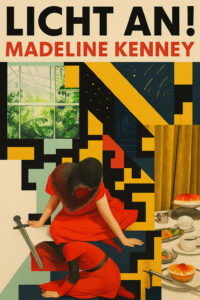 Collagenartiges Hochformat mit geometrischen Farbflächen, zwei Frauenfiguren in roten Kleidern und Kettenhaube, dazu gedeckter Frühstückstisch und Gewächshausfenster – Artwork zur Madeline-Kenney-Playlist „LICHT AN!“.