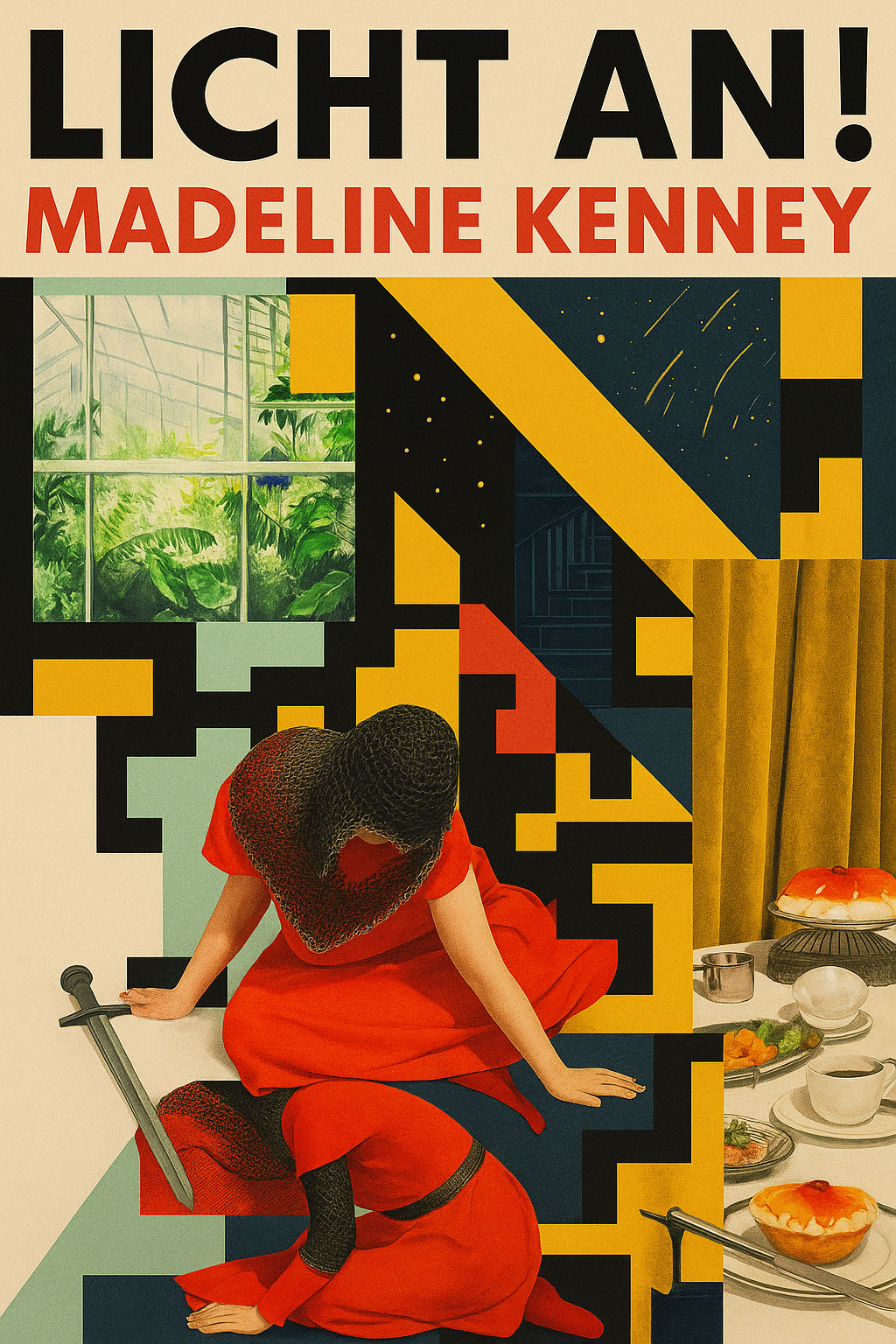 Collagenartiges Hochformat mit geometrischen Farbflächen, zwei Frauenfiguren in roten Kleidern und Kettenhaube, dazu gedeckter Frühstückstisch und Gewächshausfenster – Artwork zur Madeline-Kenney-Playlist „LICHT AN!“.