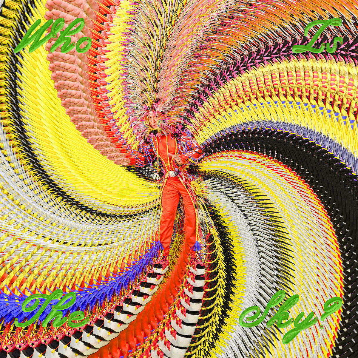 Psychedelisches Albumcover zu „Who Is the Sky?“ von David Byrne: spiralförmiger Wirbel aus Gelb, Pink und Schwarz, Byrne in farbigem Kostüm mit Federkrone im Zentrum.