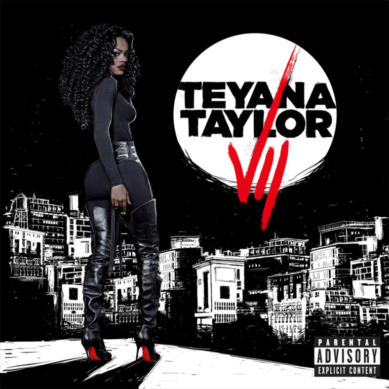 Albumcover „Teyana Taylor – VII“: Taylor in schwarzem Body und Overknee-Stiefeln vor gezeichneter Stadt-Skyline, großer weißer Mond mit Schriftzug „TEYANA TAYLOR“, rote „VII“-Kratzspuren, Parental-Advisory-Sticker.