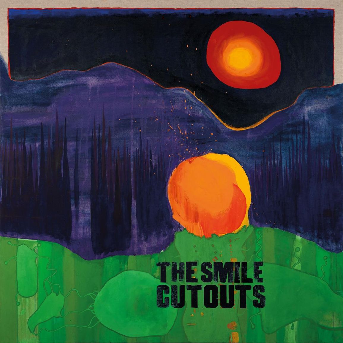 Abstraktes, gemaltes Albumcover: oben ein tiefes Nachtblau mit rotem, glühendem Sonnenkreis, davor violette Bergsilhouette; unten grüne, organische Farbflächen. Titel „THE SMILE – CUTOUTS“ in Schwarz mittig unten.