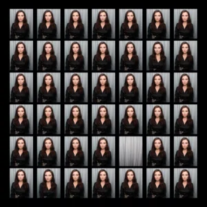 Quadratisches Albumcover mit einem seriellen Raster von Porträtaufnahmen einer Frau im schwarzen Outfit vor grauem Hintergrund, leicht variierte Gesichtsausdrücke.