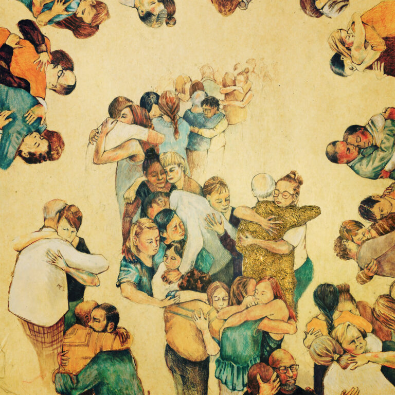 Gezeichnetes Albumcover mit zahlreichen Menschen, die sich in innigen Umarmungen halten, in Gruppen und Kreisen angeordnet, auf hellem Hintergrund.