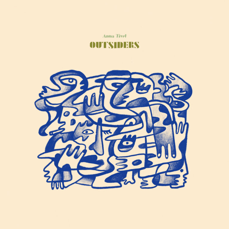 Abstrakte, in Blau gezeichnete Figuren und Gesichter verschlingen sich ineinander auf beigem Hintergrund, Albumcover von Anna Tivel – Outsiders.