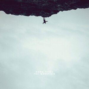 Eine einzelne Figur hängt kopfüber an einem Felsen vor blassem Himmel, minimalistisches Cover zu The Question von Anna Tivel.