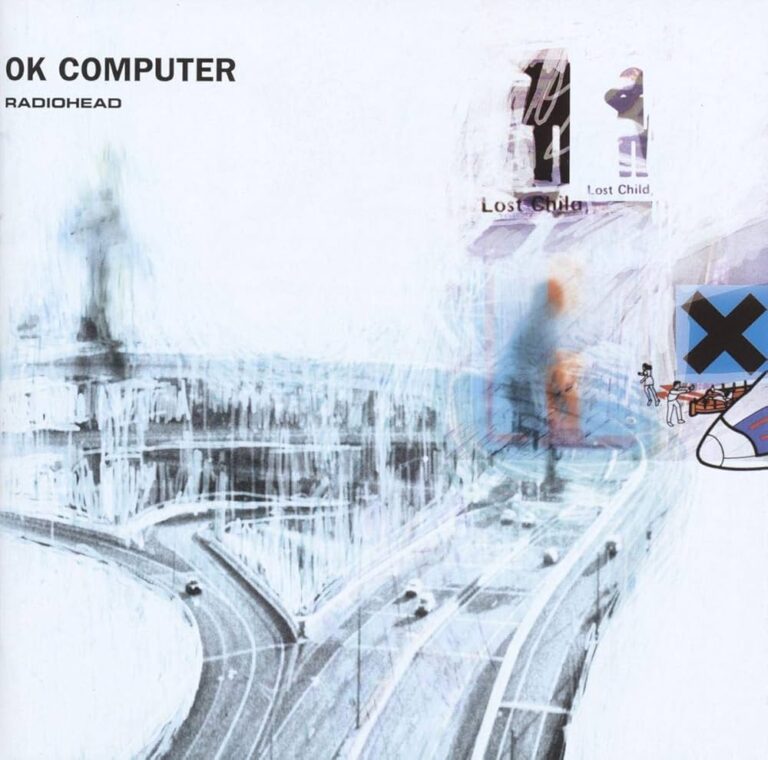 Blau-weiße Collage mit Autobahnen, verschwommenen Figuren und typografischen Fragmenten als Cover von Radiohead – OK Computer.
