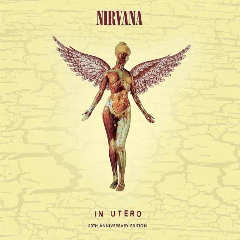 Albumcover von Nirvana In Utero: Eine anatomische Frauenfigur mit Flügeln schwebt vor cremefarbenem, rissigem Hintergrund, zugleich verletzlich und unheimlich.