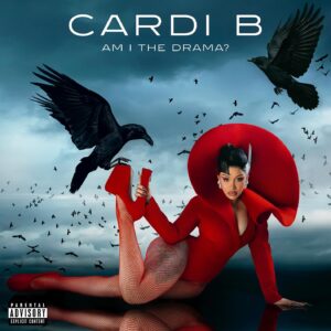 Cardi B in leuchtend rotem Outfit, umgeben von Raben im düsteren Himmel, posiert auf dem Albumcover von Am I The Drama? zwischen Bedrohung und Glamour.